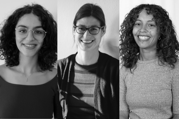 portraits collage interim co-leadership team Black and white photo of three women standing side by side, smiling. From left to right: Ariane Alam, Helene Wolf, and Sophia Seawell. The text on the image reads 'Introducing the FAIR SHARE interim co-leadership team,' with 'FAIR SHARE interim co-leadership team' highlighted in green.