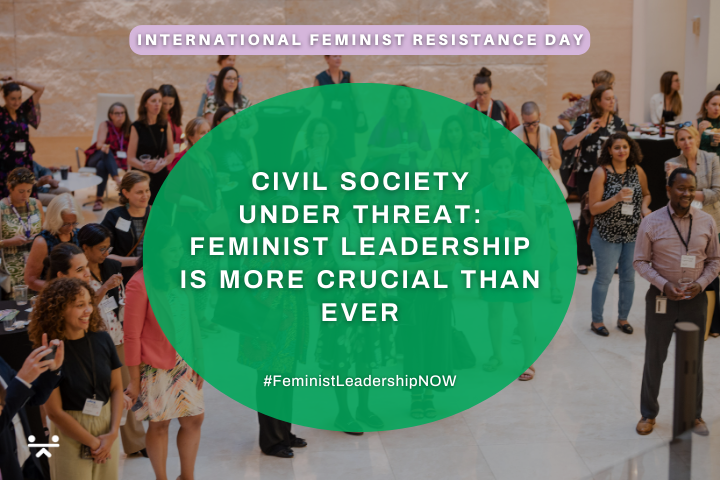 IWD 2025 INT blog post A group photo of participants at a FAIR SHARE event. Text reads: 'Civil society under threat: Feminist leadership is more crucial than ever'. Link to blog post for International Feminist Resistance Day.